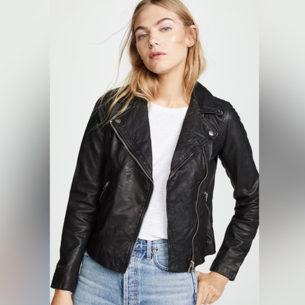 Madewell The Washed Leather Motocycle Jacket Zip Front Asymm Collar Black Small